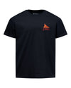 A black short-sleeve crewneck t-shirt with a small red and orange fish logo and the word 'STIMMS' printed on the left chest, displayed on a clean white background.
