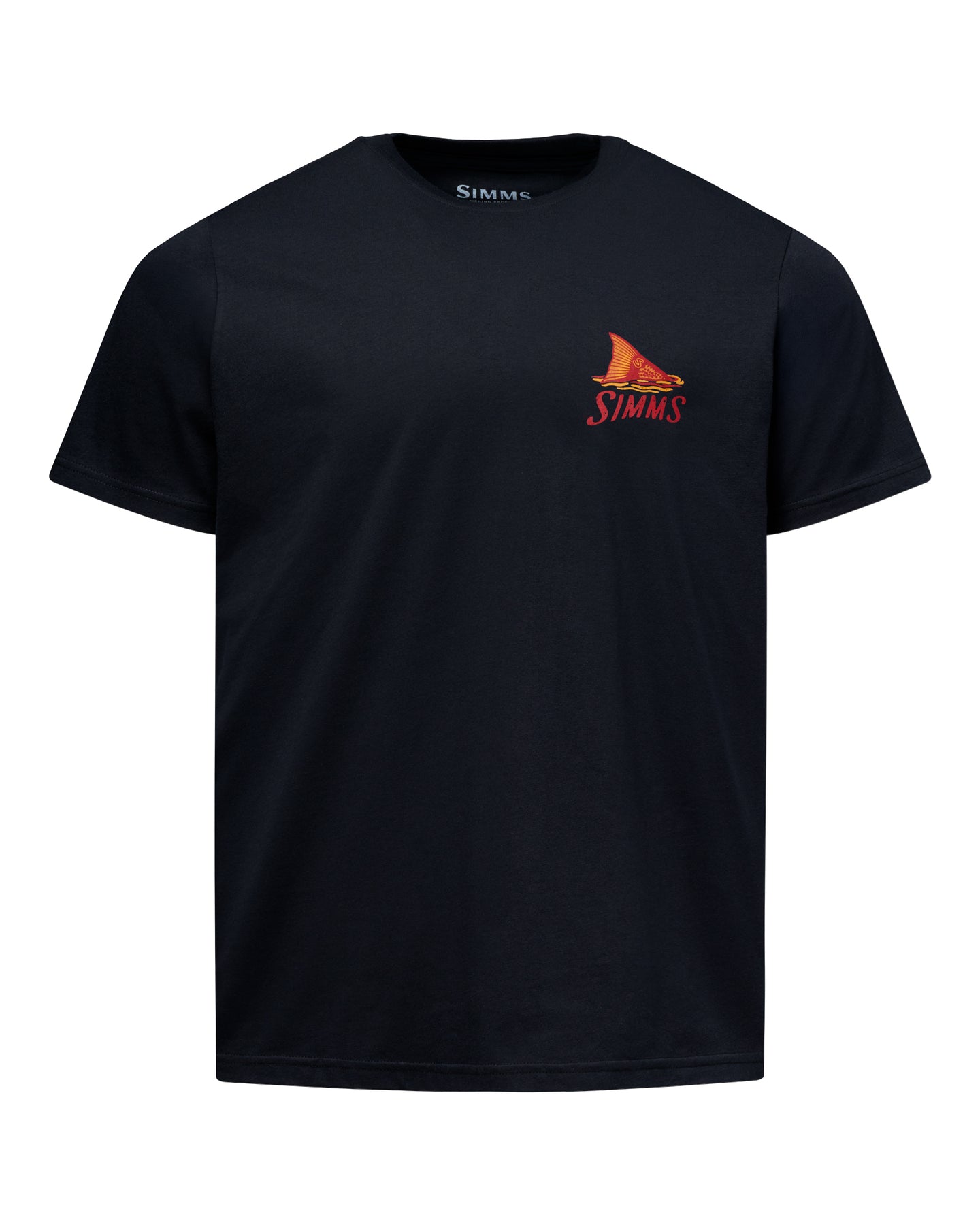 A black short-sleeve crewneck t-shirt with a small red and orange fish logo and the word 'STIMMS' printed on the left chest, displayed on a clean white background.