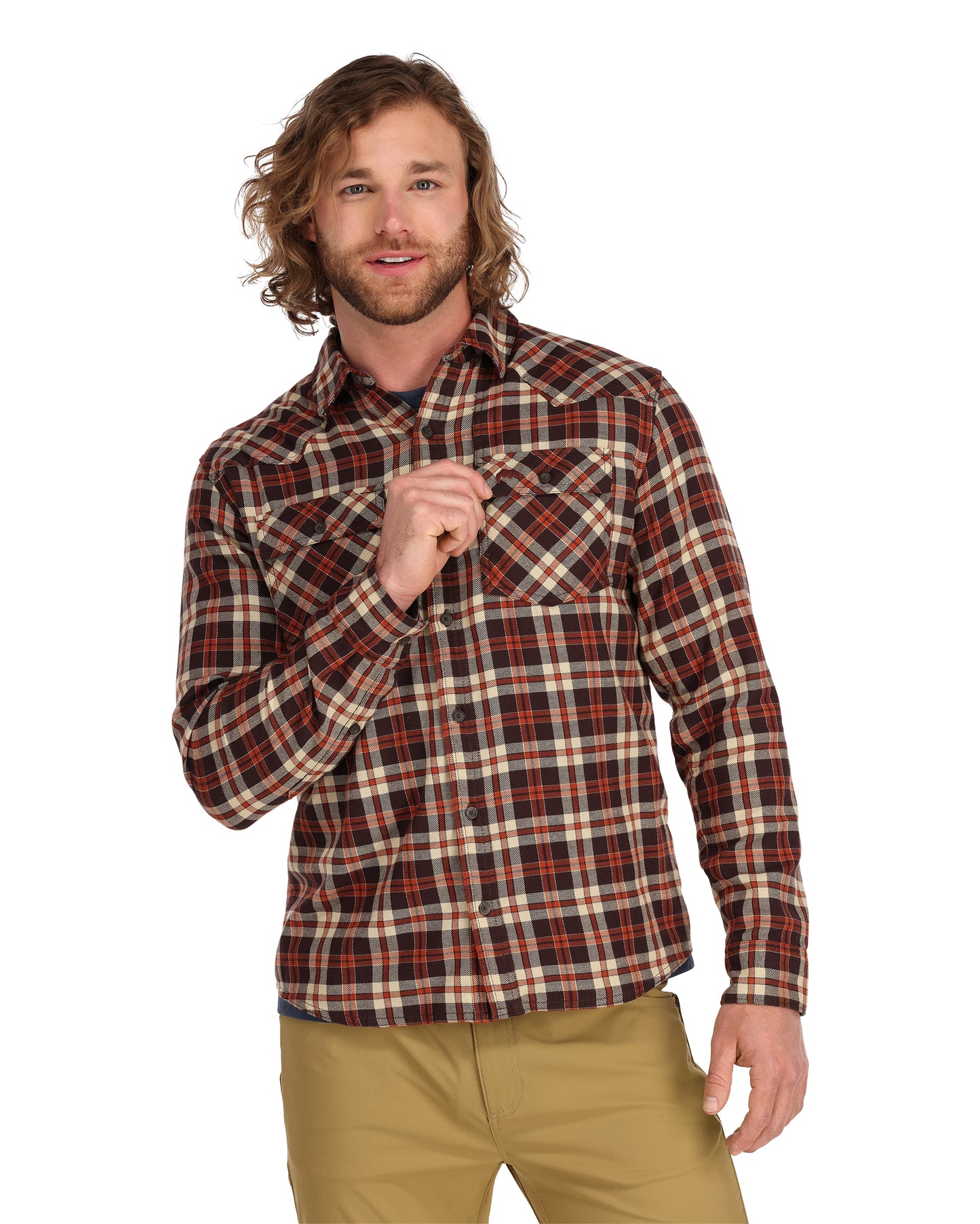 santee-flannel-Maghoany/Tan Camp Plaid-model