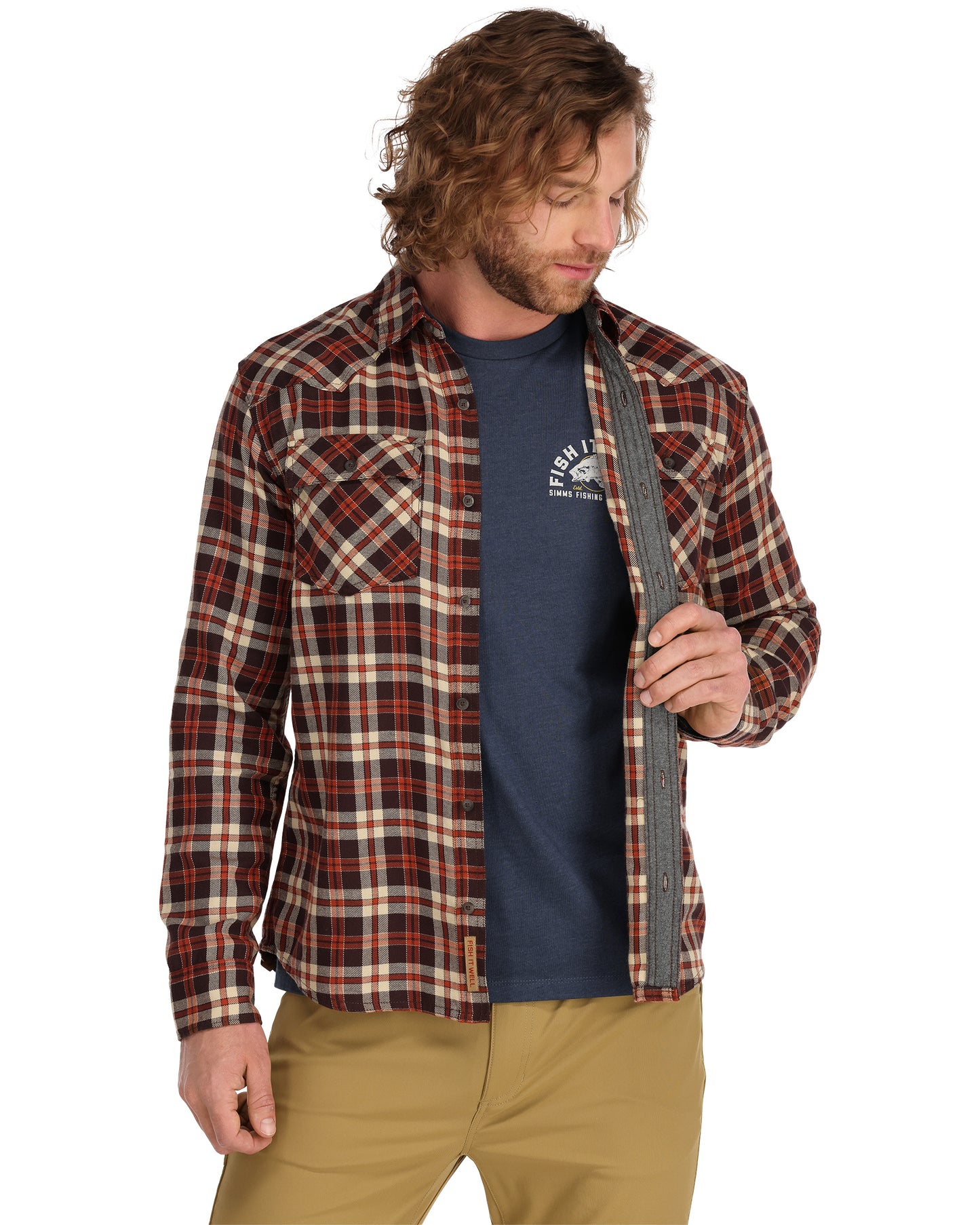 santee-flannel-Maghoany/Tan Camp Plaid-model