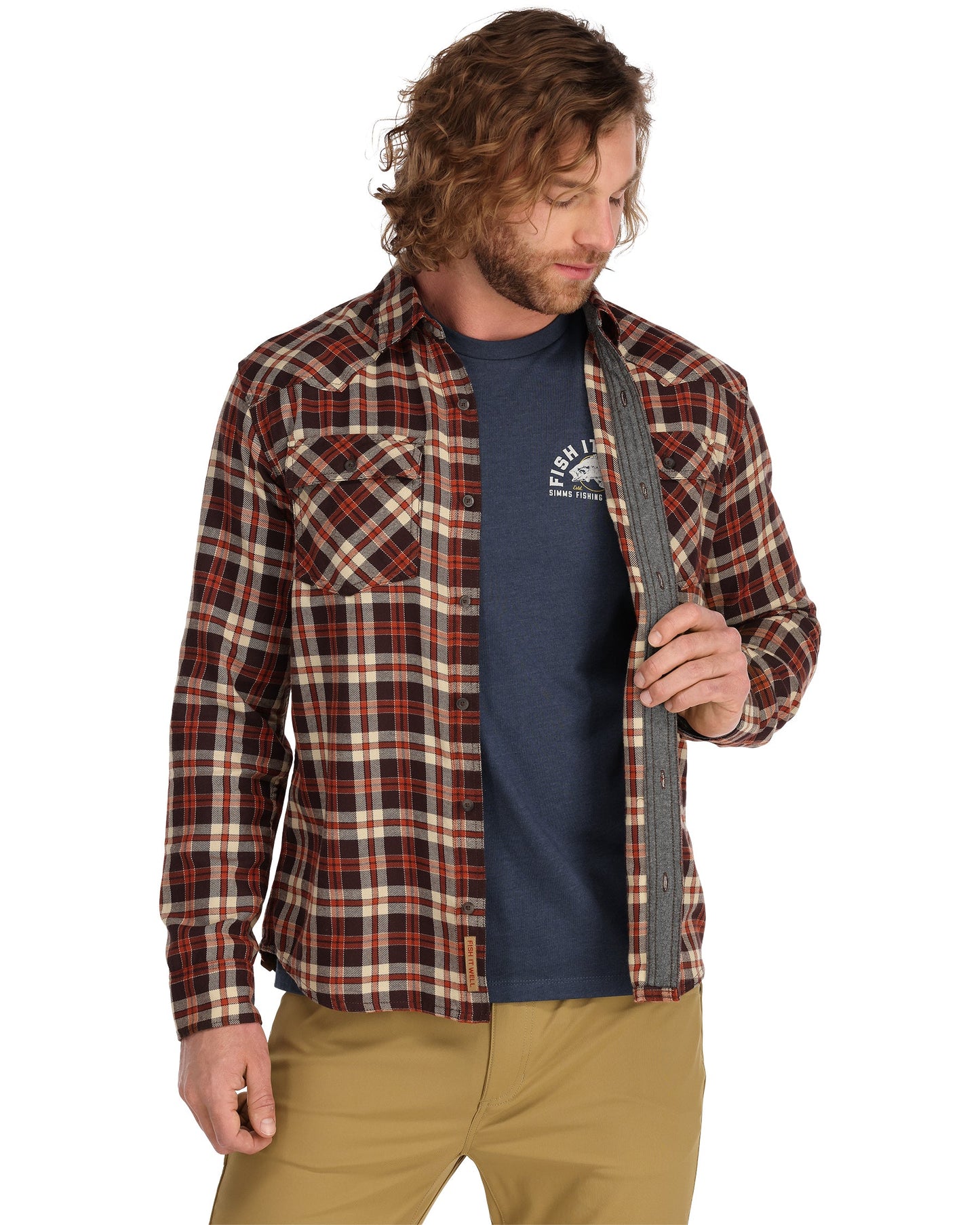 santee-flannel-Maghoany/Tan Camp Plaid-model