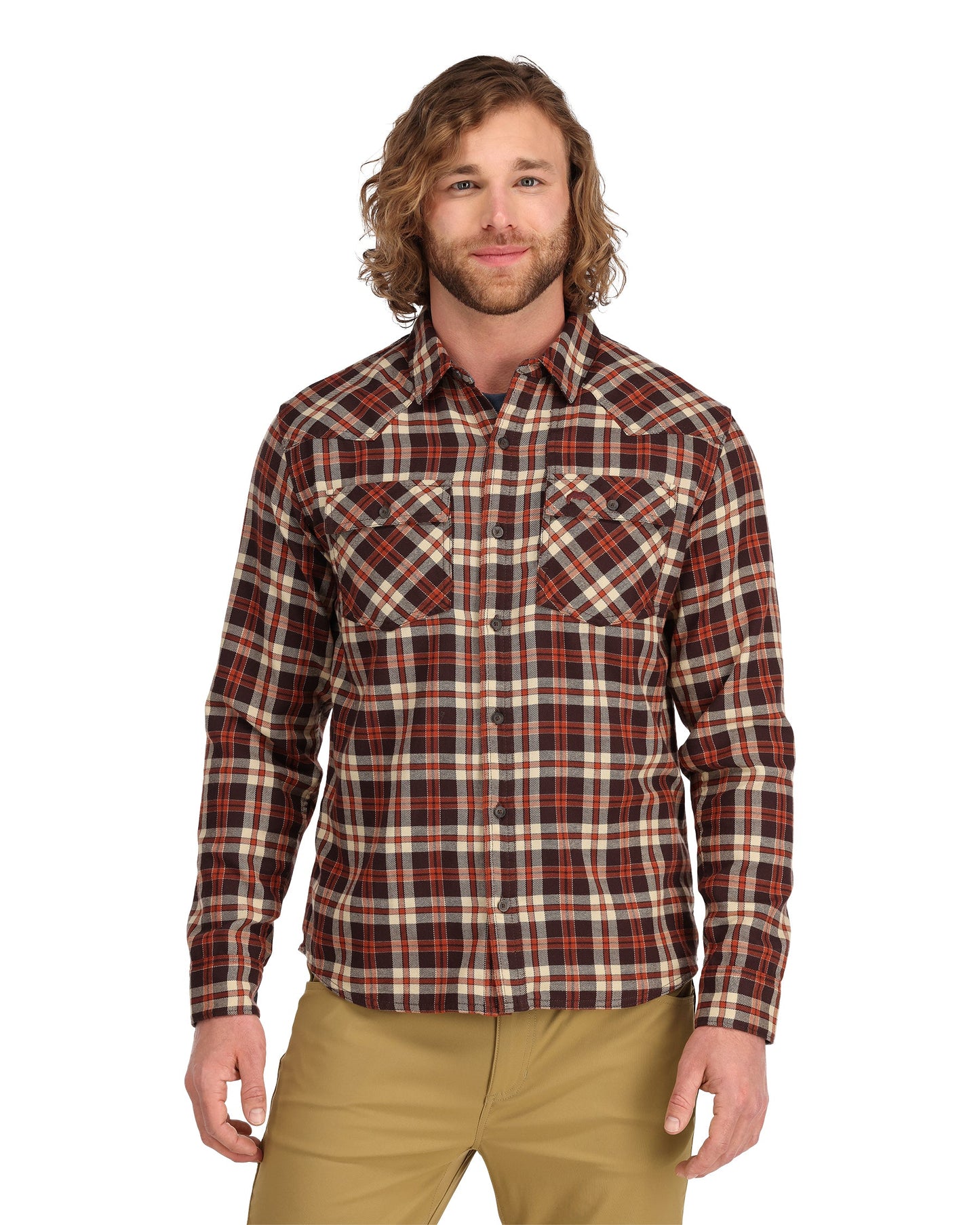 santee-flannel-Maghoany/Tan Camp Plaid-model