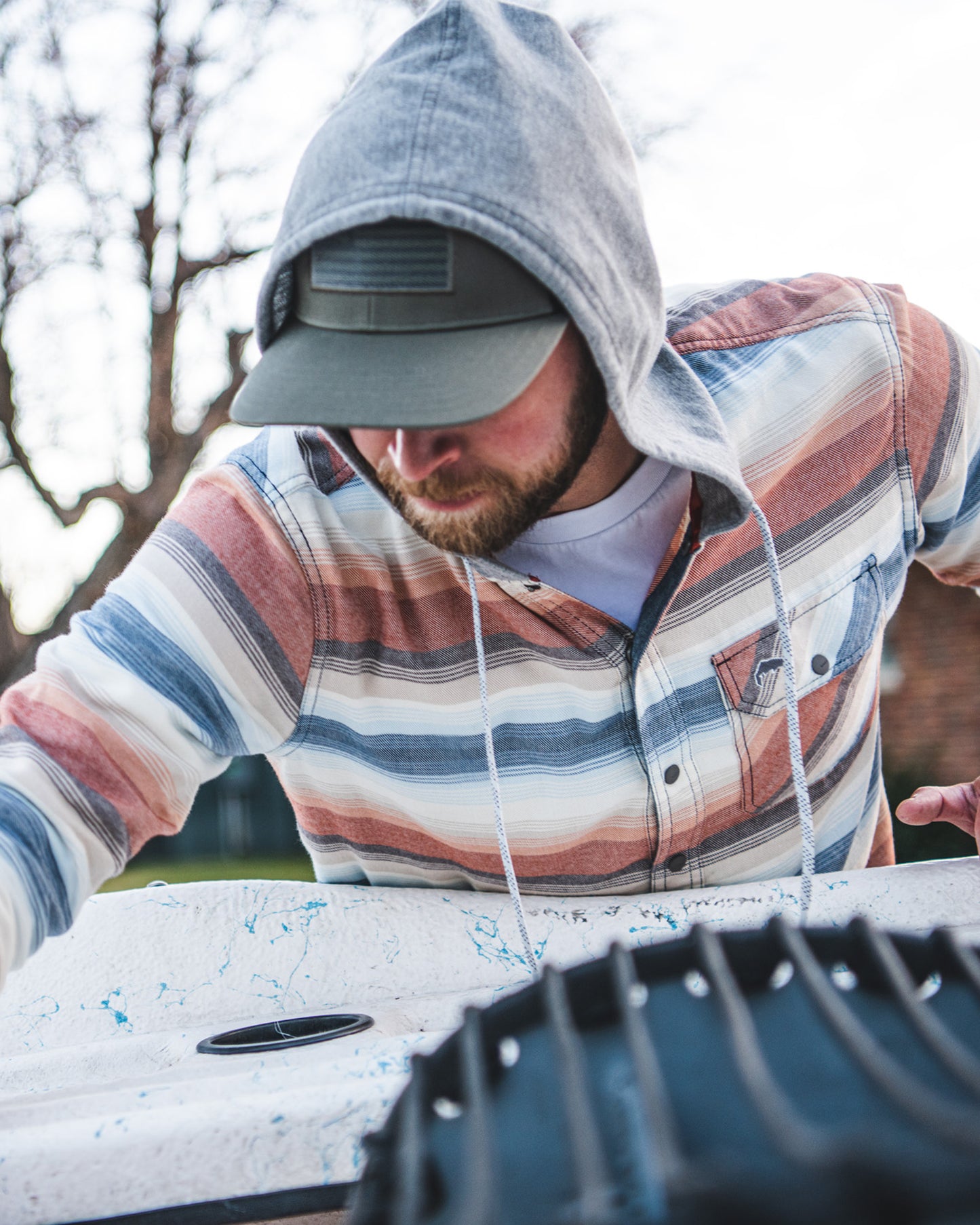 lifestyle image of Santee Flannel Hoody -rollver